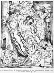 Ve hmotě byly homunkuly zničeny, tyto záhadné bytosti byly popraveny lidským průmyslem - in "Voyage au pays de la fourth dimension" by G. de Pawlowski, ill. by Léonard Sarluis (1874-1949), ed. Eugène Fasquel, Paříž od Leonard Sarluis