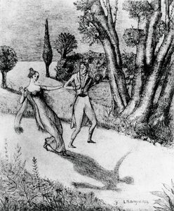 Petr, děsivý člověk menší než stín, ilustrace k novele Adalberta von Chamisso (1781-1838) Zázračný příběh Petra Schlemihla, litografie podle obrazu Leonarda Borgese (1904-1986), vydalo nakladatelství Modiano od Leonardo Borgese