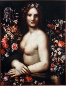 Busta mladé ženy Flora (Flora) mezi květinami Předlohou by byla Mona Lisa (Mona nebo Monna Lisa) Malba podle kresby Leonarda da Vinci (Leonard de Vinci) (1452-1519) Bergamo 17. století, akademie Carrara od Leonardo da (after) Vinci