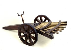 Vícetřtinové dělo. Model z kresby Leonarda da Vinciho (Leonardo da Vinci). Muzeum vědy a techniky, Milán.