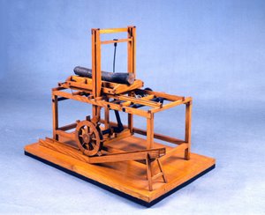 Dřevěný model (model) hydraulické pily ovládané ozubenými koly a vodou. Vyrobeno podle kresby Leonarda da Vinci (Leonard de Vinci) (1452-1519) Muzeum vědy a techniky, Milán.