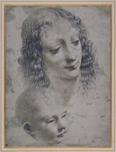 Hlava ženy a hlava dítěte (kovový hrot na šedém připraveném papíru) od Leonardo da (follower of) Vinci