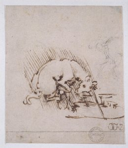Jednorožec ponořující svůj roh do kaluže vody, cca 1481 (pero a inkoust a kovový hrot na papíře) od Leonardo da Vinci