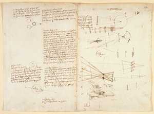 Arundel 263 f.115v, f.112 Poznámky, náčrtky a schéma vlastností oka, c.1490 (pero a inkoust na papíře) od Leonardo da Vinci