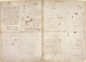 Arundel 263, f.135v, f.134, Poznámky a schémata k mechanice; poznámky a schematické náčrtky toků řek a vodního toku, z 
