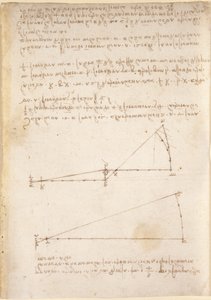 Arundel 263, f.214 Kresby mechanických sil a sil, perkuse, gravitace, pohybu, optiky a astronomie s různými aritmetickými a geometrickými návrhy (pero a inkoust na papíře) od Leonardo da Vinci