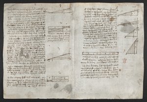 Arundel 263, f.246v Kresby mechanických sil a sil, perkuse, gravitace, pohybu, optiky a astronomie, s různými aritmetickými a geometrickými návrhy, ilustrace z Leonardovy „Knihy pozorování“ (tuš na papíře) od Leonardo da Vinci