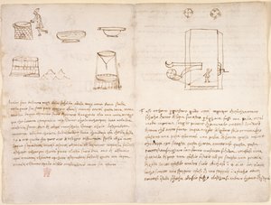Arundel 263, f.259v, f.260 Poznámky a hrubé náčrtky procesu výroby ledku pro přípravu střelného prachu (není v Leonardově ruce) (pero a inkoust na papíře) od Leonardo da Vinci
