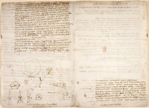 Arundel 263, f.266v, f.267 Poznámky ke kosmologii (vzhůru nohama); diagramy znázorňující Leonardova pozorování těžiště, z 