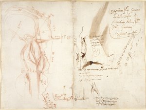 Arundel 263, f.275v, f.274 Planimetrický náčrt řeky Arno; poznámky o vzdálenostech a směrech od Leonardo da Vinci