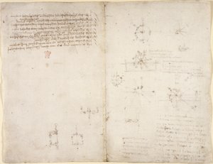 Arundel 263, f.35v, f.34 Nákresy mechanických sil a sil, perkuse, gravitace, pohybu, optiky a astronomie, s různými aritmetickými a geometrickými návrhy. od Leonardo da Vinci