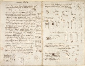 Arundel 263, f.43v, f.42, Poznámky a diagramy o mechanice s názvem 