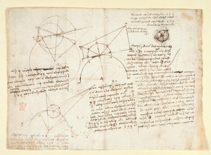 Arundel 263, f.64v Zadní strana jednoho velkého listu, dříve vázaného podél pravého okraje a složeného do sešitu. Poznámky a diagramy o optice, týkající se Alhazenova problému; schematický náčrt oční bulvy doplněný poznámkami týkajícími se L od Leonardo da Vinci
