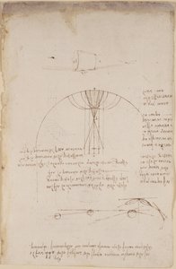 Arundel 263, f.85 Schémata optiky, týkající se žíravin odrazu; poznámka a náčrt mechaniky, týkající se síly perkusí a s odkazy na aristotelský princip „ogni attione facta dalla natura è facta nel più brieve modo“, c od Leonardo da Vinci