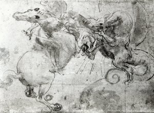 Bitva mezi jezdcem a drakem, cca 1482 (podkresba stylusem, pero a štětec na papíře) od Leonardo da Vinci