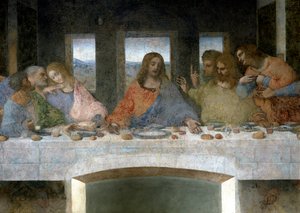Detail Cene (Il Cenacolo (Ultima Cena)) představující vlevo Apole Jidáše, Petra a Jana, Krista uprostřed a Apole Tomáše, Jakuba Majora a Filipa. Písmeno V mezi Janem a Kristem by odkazovalo na pohár grálu nebo th od Leonardo da Vinci