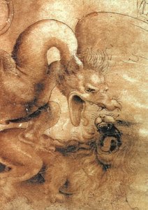 Detail draka z kresby Boj mezi drakem a lvem hnědý inkoust s mytím na papíře
