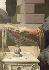 Detail Panny Marie ze Zvěstování, 1472-75 olej na desce po restaurování od Leonardo da Vinci