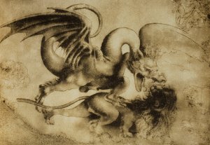 Drak zabíjející lva, kresba Leonardo da Vinci. Kabinet kreseb a tisků, Galerie Uffizi, Florencie od Leonardo da Vinci