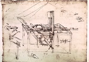 Výňatek z Da Vinciho rukopisu popisující princip a konstrukci "Hydraulické pily s automatickým posuvem" (rukopis) od Leonardo da Vinci