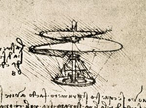 Výňatek z Da Vinciho rukopisu popisující princip a konstrukci "vzdušného šroubu (vrtulníku)" (rukopis) od Leonardo da Vinci