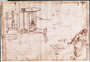 Výňatek z Da Vinciho rukopisu popisující princip a konstrukci "tiskařského stroje" pro tisk (rukopis) od Leonardo da Vinci