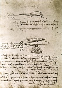 Výňatek z Da Vinciho rukopisu popisující princip a konstrukci "vzdušného šroubu (vrtulníku)" (rukopis) od Leonardo da Vinci