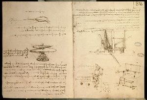 Létající stroje, jeden z prvních nákresů létajícího stroje podobného vrtulníku, c. 1487 od Leonardo da Vinci