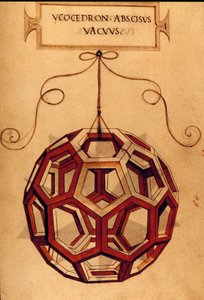 Geometrie: “” Icosahedron”” Stránka převzata z rukopisu “” De divina transitione”” (O božských proporcích) matematika Fra Luca Pacioli dit Luca di Borgo (1445-1517) ilustrovaný Leonardem da Vincim (1452-1519). 1509. od Leonardo da Vinci