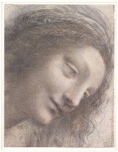 Head of Virgin, 1508-1512 (černá křída, dřevěné uhlí a červená křída, s některými stopami bílé křídy na kartě) od Leonardo da Vinci
