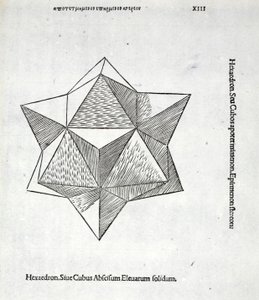 Hexaedron abscisum elevatum solidum, ilustrace z knihy "Divina Proportione" od Luky Pacioliho (asi 1445-1517), původně vyd. Benátky, 1509 od Leonardo da Vinci