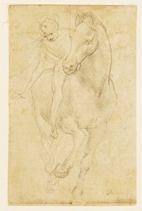 Kůň a jezdec, asi 1480 (stříbrná kresba na preparovaném papíře) od Leonardo da Vinci