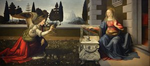 Italia Toscana Firenze, Uffizi-galleria: Annunciation, Leonardo da Vincin (1452-1519) maalaus, öljy puulle, n. 1472-1475, 98x217 cm od Leonardo da Vinci