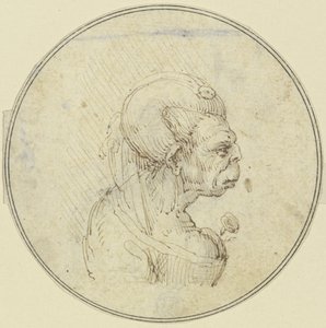 Karikatura staré ženy, poprsí s růží v náručí, v profilu doprava od Leonardo da Vinci