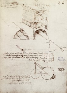 Rukopis B, f 36 r Architektonické studie, vývoj a části budov ve městě s vyvýšenými ulicemi (pero & inkoust na papíře) od Leonardo da Vinci