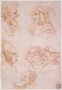 Sedm studií groteskních tváří (červená křída na papíře) od Leonardo da Vinci