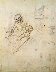 Studie pro pannu a dítě a hlavy v profilu a strojích, c.1478-80 (tužka a inkoust na papíře) od Leonardo da Vinci