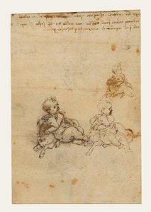 Studie k dílu „Ježíšek s beránkem“ (líc); hlava starého muže a studie strojů (rub) od Leonardo da Vinci