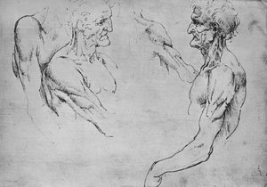 Dvě studie horní části starého muže a dvě studie zbraní, c1480 1945 od Leonardo da Vinci