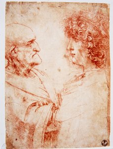 Dva profily mužů, starý muž a mladý muž. Mladý muž představuje Giana Giacoma Caprottiho, známého jako Andrea Salai nebo Salaij (asi 1480-1524), Leonardova žáka a milence. Kresba a la sanguine od Leonarda da Vinci (Leonard de Vinci) (1452-1519) Florencie, od Leonardo da Vinci