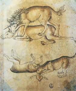 Jednorožec útočící na krávu a leopard útočící na ovci, studie zvířat, Leonardo da Vinci (1452-1519), kresba od Leonardo da Vinci