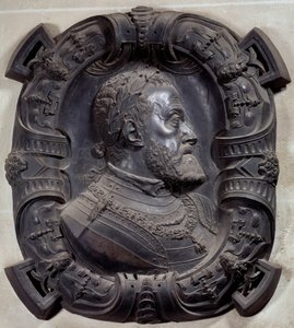 Profilový portrét císaře Karla V. (1500-1558)”” Reliéf z bronzu vyřezávaný Leonem Leonim (1509-1590). Paříž, muzeum Louvre