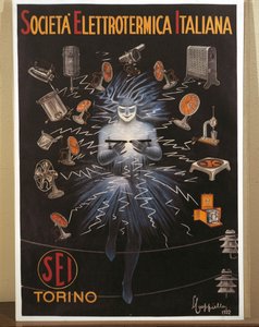 Barevná litografie od Leonetta Cappiella, SEI, reklamní plakát společnosti Electroheat Italian Company od Leonetto Cappiello