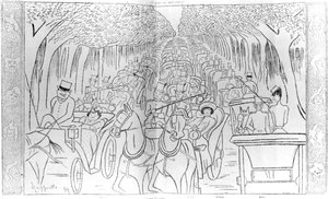 Hvězdy jeviště, Music Hall a opery éry Belle Epoque, jízda v Bois de Boulogne, Avenue des Acacias, Paříž, vtipná karikatura z časopisu 