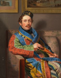 Mladý gentleman v kuřáckých šatech, 1830.
