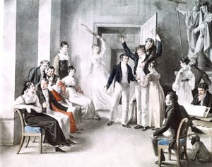Hudební setkání Schubertianů. Schubert sedí v křesle vpravo. Akvarel z Kupelniesen
