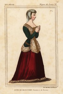 Anne Rogier de Beaufort, vikomtesa de Turenne 1435-1479. Ručně kolorovaná litografie podle okna z nerezového skla v kostele Cordelieres de Nantes v portfoliu Rogera de Gaignieres VI 11 od Le Bibliophile Jacoba aka Paula Lacroix