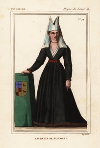 Lauretta z Jaucourtu, manželka Michaela z Chaugy, lorda z Chissey, Laurette de Jaucourt, Ručně kolorovaná litografie podle miniatury v portfoliu Rogera de Gaignières VII 49 z Le Bibliophile Jacoba aka Paula Lacroix