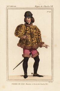 Pierre de Giac, komorník krále Karla VII. v letech 1377-1426. Popraven utopením v Dun-Le-Roi. Nosí krátkou sutanu s mahoitrovými rukávy, růžové pantalony a boty s ostruhami. Ručně kolorovaná litografie podle miniatury v rukopise Histoire du