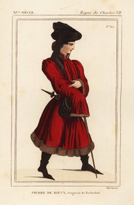 Pierre de Rieux, pán z Rochefortu 1389-1439. Ručně kolorovaná litografie podle portrétu v portfoliu Rogera de Gaignieres VI 136 z knihy Le Bibliophile Jacob aka Paul Lacroix